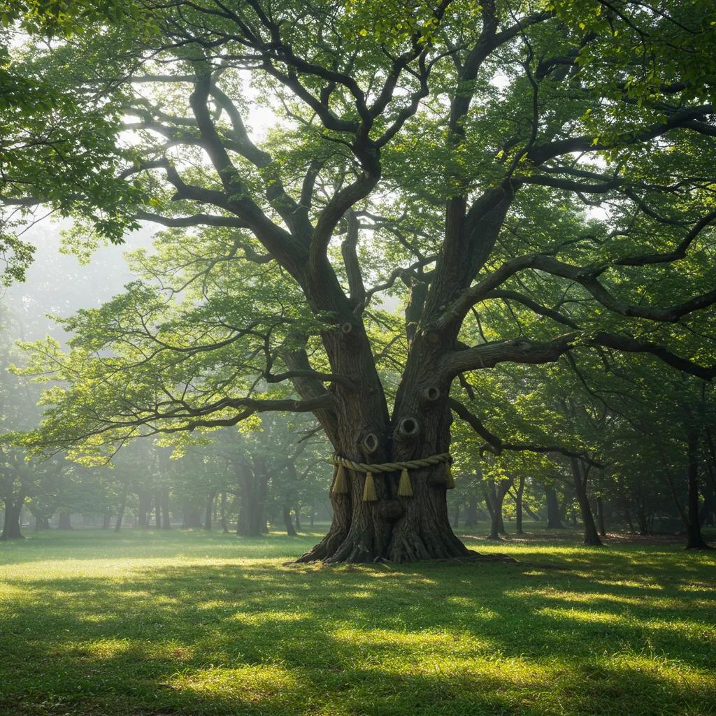 Ancient tree symbolizing resilience and cultural heritage in a serene landscape, surrounded by lush greenery and soft sunlight.