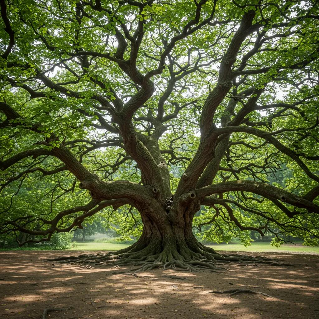Ancient tree with sprawling branches and lush green leaves, symbolizing spiritual significance and wisdom in nature, surrounded by soft sunlight and earthy ground.