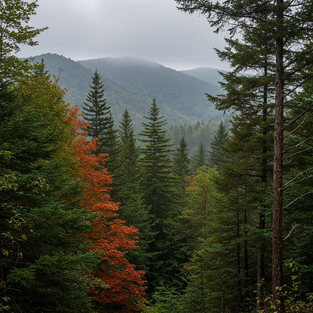 A misty Appalachian Mountains scene featuring Fraser Fir and Red Spruce, highlighting unique mountain tree species