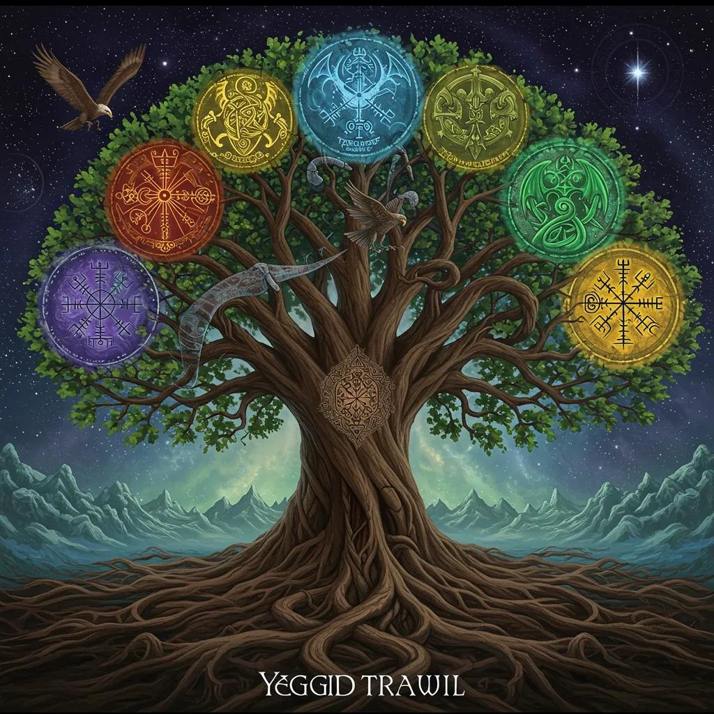 Artistic depiction of Yggdrasil, the Norse World Tree, featuring intricate cosmic symbols and mythical creatures, illustrating connections among realms in Norse mythology.