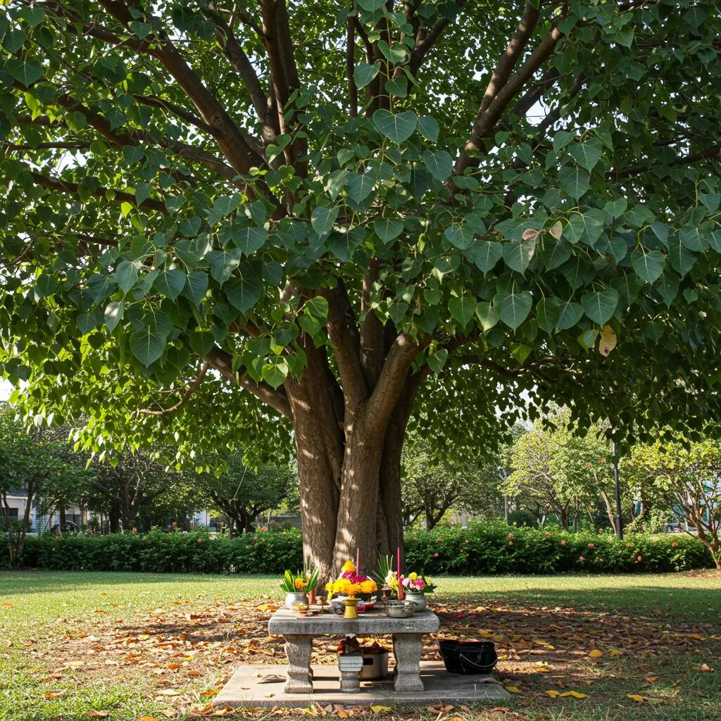 Bodhi Tree in peaceful garden with offerings, symbolizing Enlightenment and spiritual reverence in Buddhist tradition.
