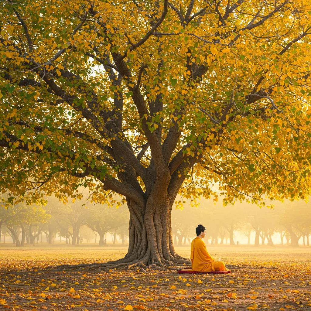 Bodhi Tree with vibrant yellow leaves and a meditating figure in orange robes, symbolizing enlightenment in Buddhism and Hinduism.