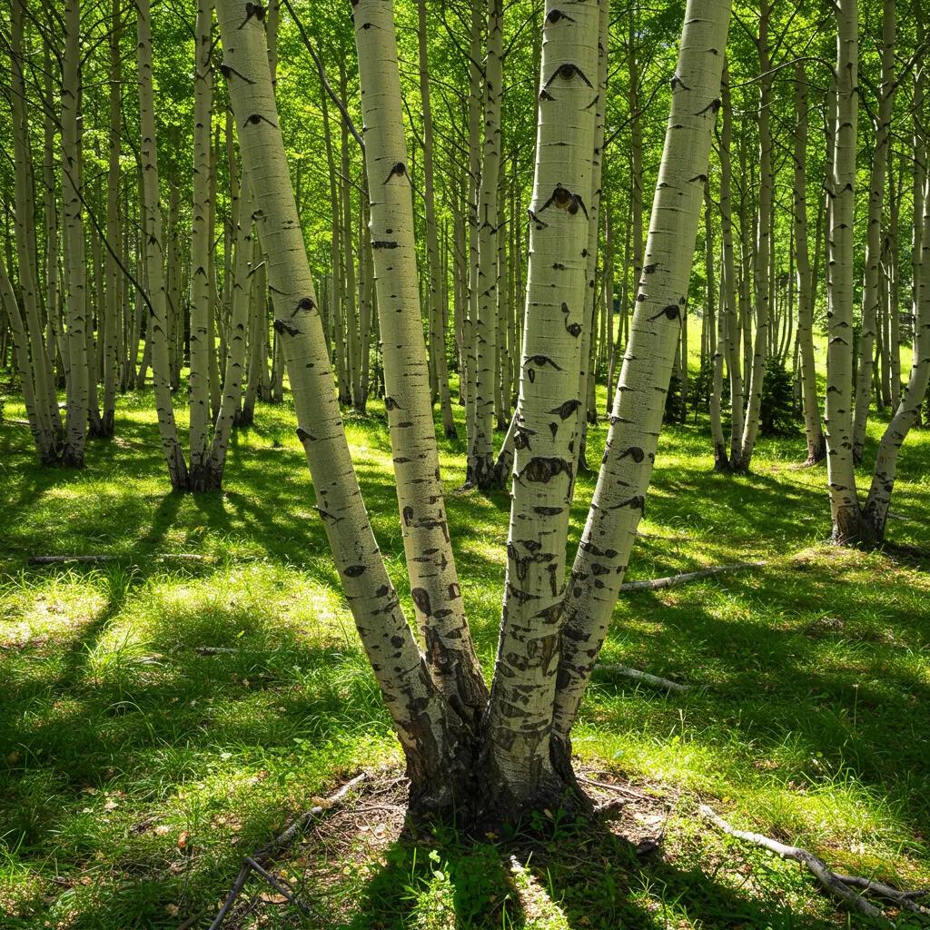 Clonal colony of quaking aspen trees in a lush green forest, illustrating longevity and resilience in nature, with sunlight filtering through the leaves and casting shadows on the ground.