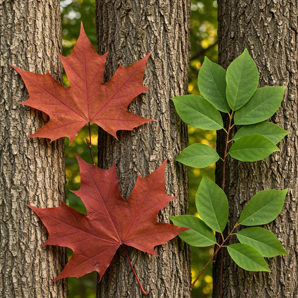A close-up view of common deciduous trees found in North Carolina, highlighting their distinct leaves and bark