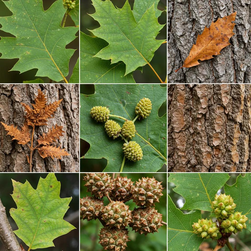 A detailed view of leaves and bark from North Carolina native trees, ideal for identification purposes