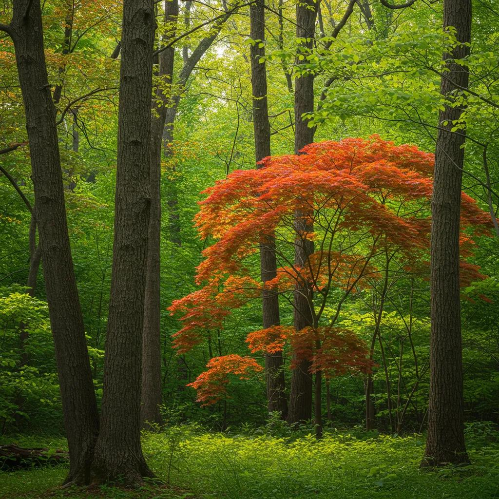 Diverse native North Carolina trees in a sunlit forest, featuring vibrant red foliage among tall trunks, highlighting ecological beauty and seasonal interest.