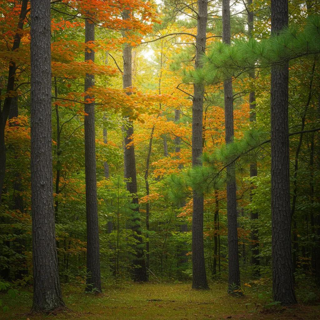 Diverse native trees of North Carolina in a sunlit forest setting