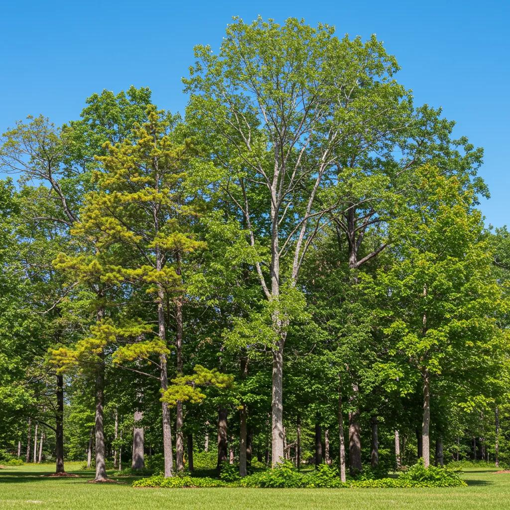 Diverse North Carolina trees showcasing unique leaves and bark textures
