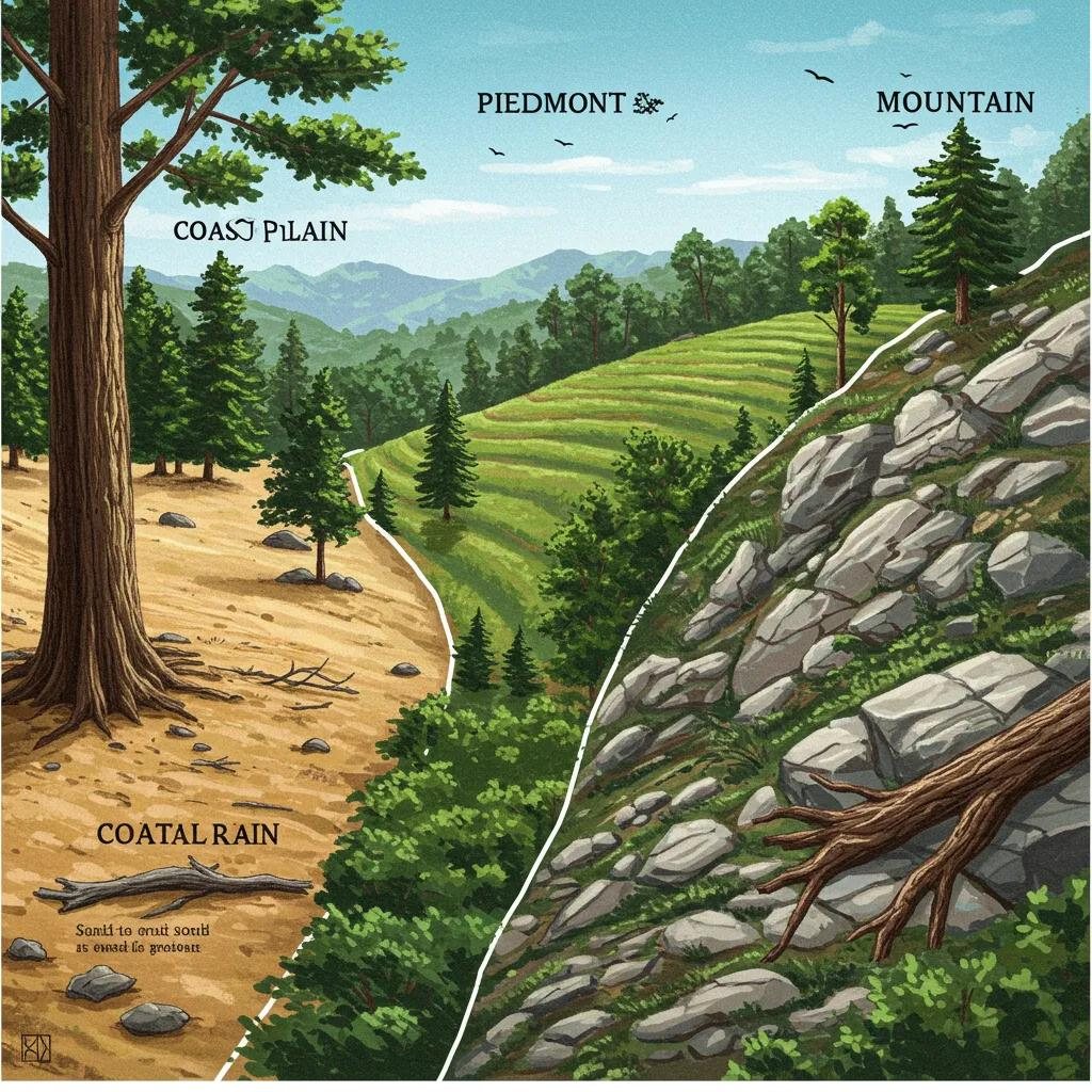 An artistic representation of North Carolina's distinct biogeographic regions, highlighting native tree species