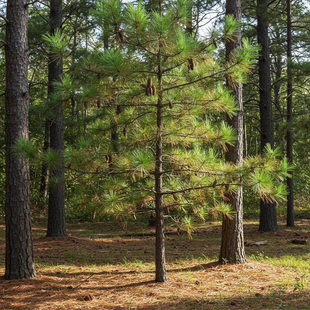 Loblolly Pine tree with clusters of long needles and scaly cones in a serene woodland setting, illustrating characteristics of native evergreen trees in North Carolina.