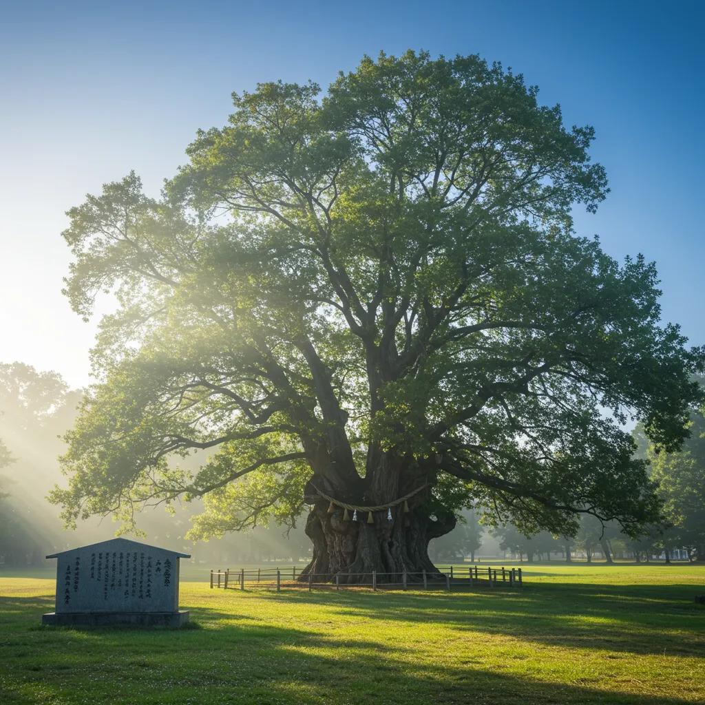Majestic ancient tree symbolizing cultural significance and connection to nature, surrounded by mist and a stone monument with inscriptions, illustrating themes of wisdom and tradition.