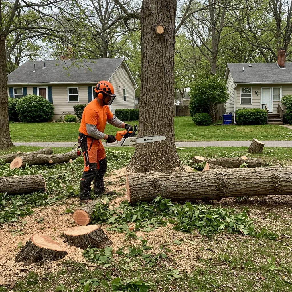 Professional arborist cutting down a tree in a residential area, emphasizing safe tree removal services