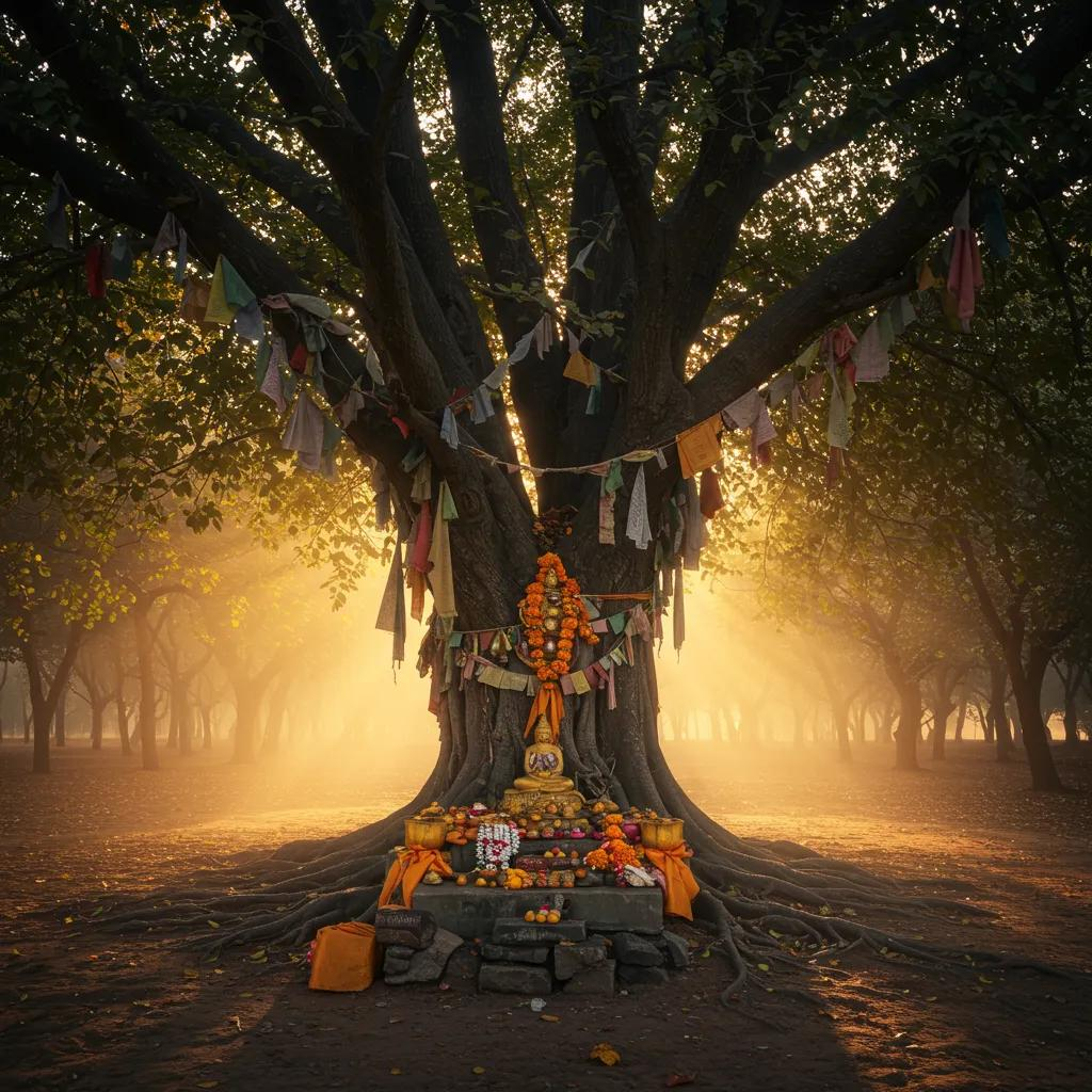 Sacred tree adorned with offerings and prayer flags, symbolizing cultural and spiritual significance in a tranquil setting, highlighting the connection between ancient trees and their role in human traditions.