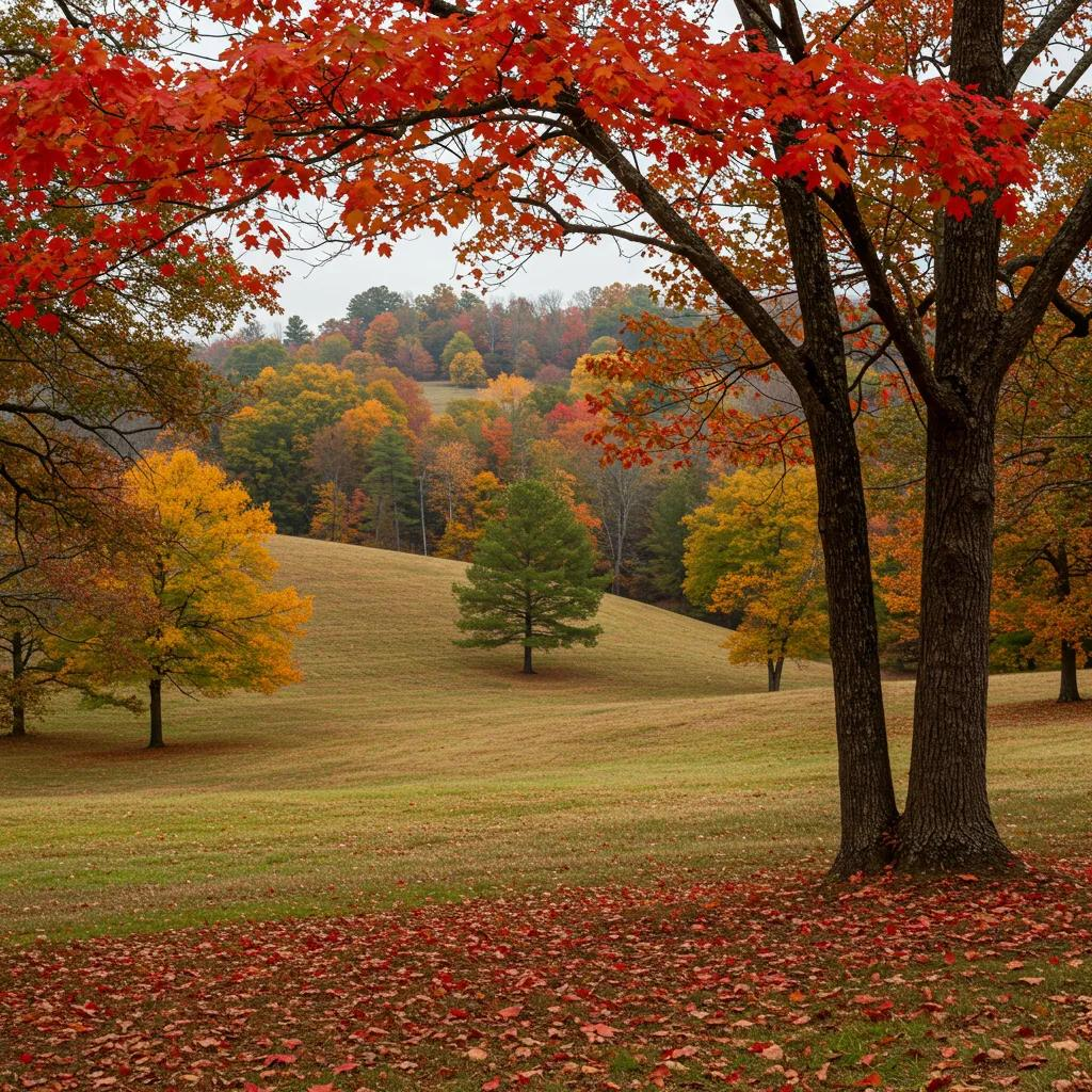 A picturesque scene of red maple, white oak, and hickory trees in North Carolina's Piedmont region during the fall season