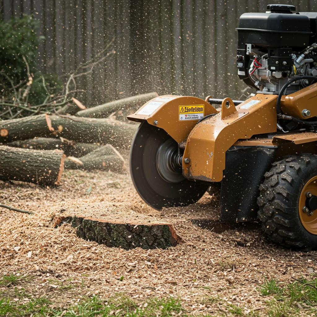 Stump grinding machine in action, grinding down a tree stump in a residential yard