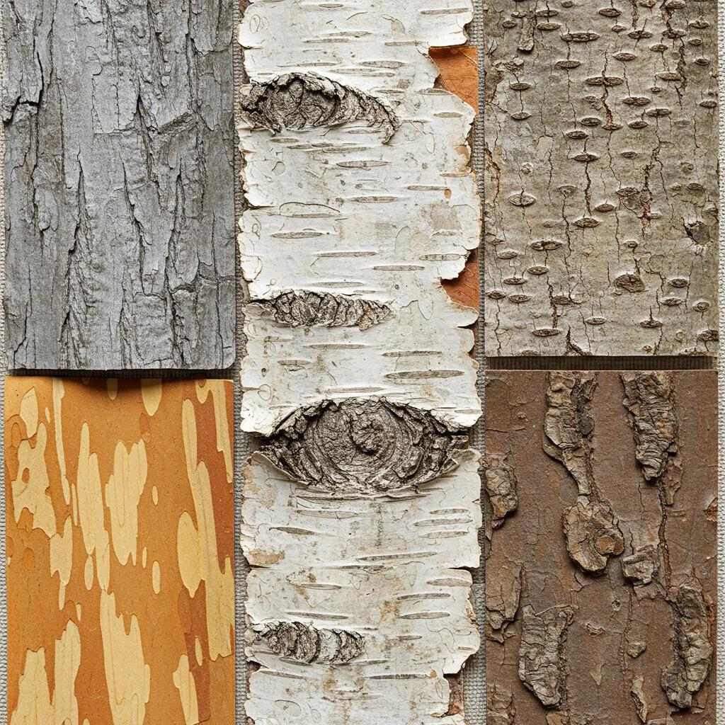Variety of bark textures from North Carolina trees, highlighting American Beech and River Birch