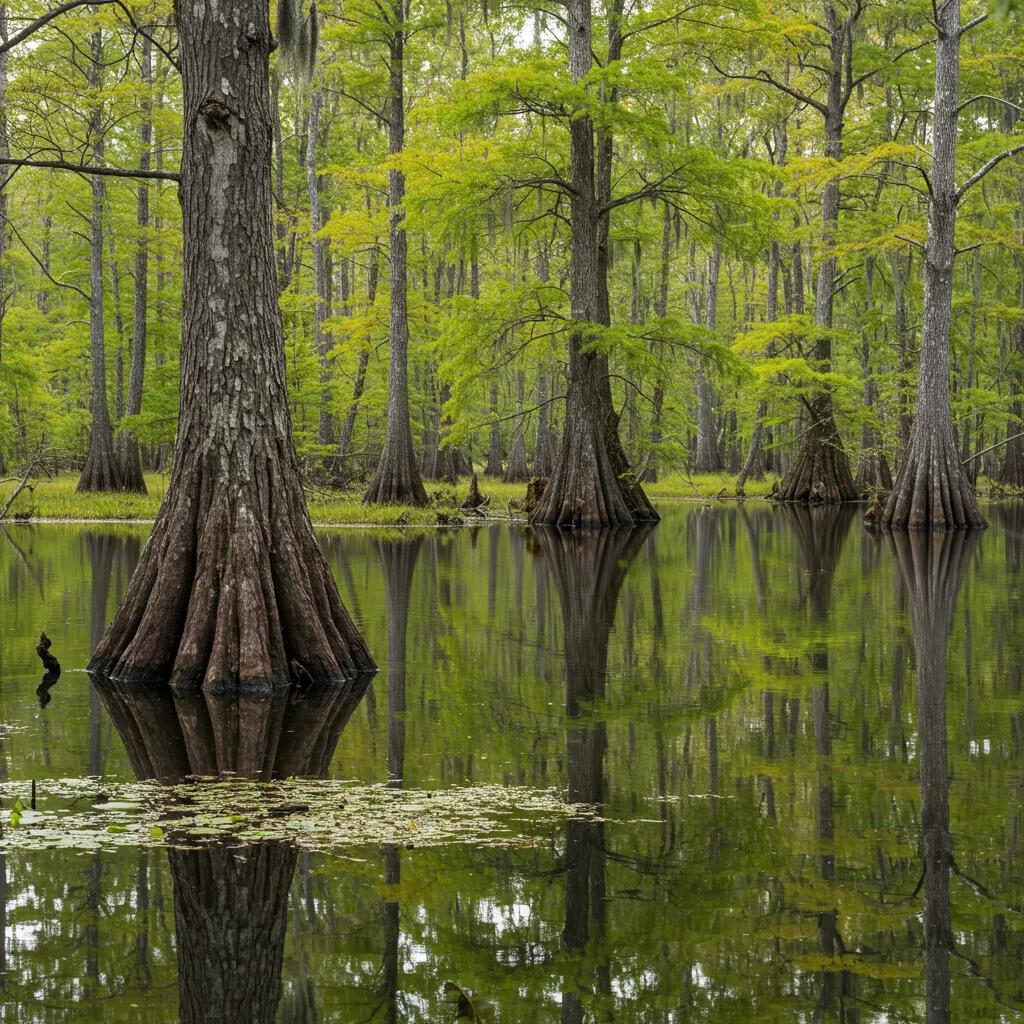 A wetland scene with Bald Cypress and River Birch, showcasing their adaptation to wet and salty conditions