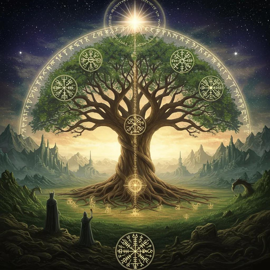 Yggdrasil, the World Tree in Norse mythology, depicted with intricate runes and cosmic symbols, representing divine connection and the interconnectedness of the Nine Worlds, with figures observing its majestic presence.