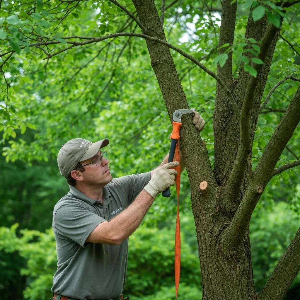 Certified arborist assessing tree health and performing pruning with specialized tools in a lush green environment.