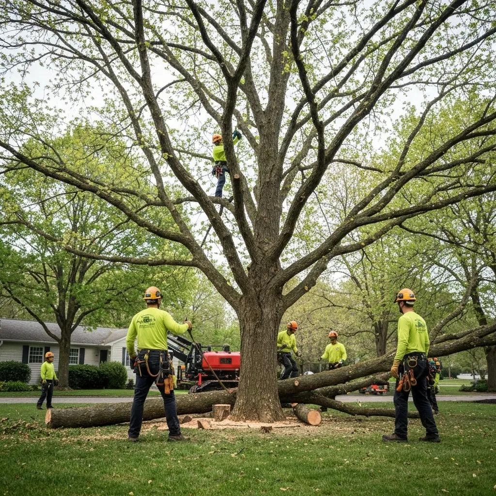 Professional tree service team safely removing a large tree in a residential area, showcasing expert arborist techniques and safety protocols.