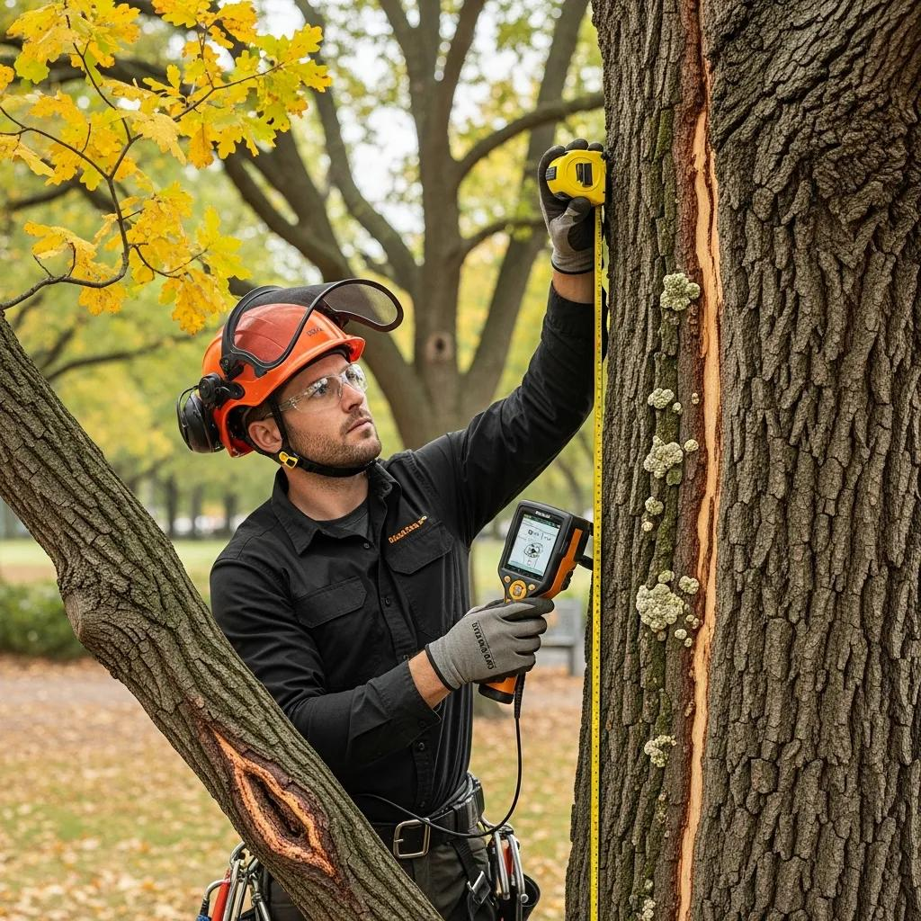 Arborist assessing a distressed tree, emphasizing the importance of professional evaluation