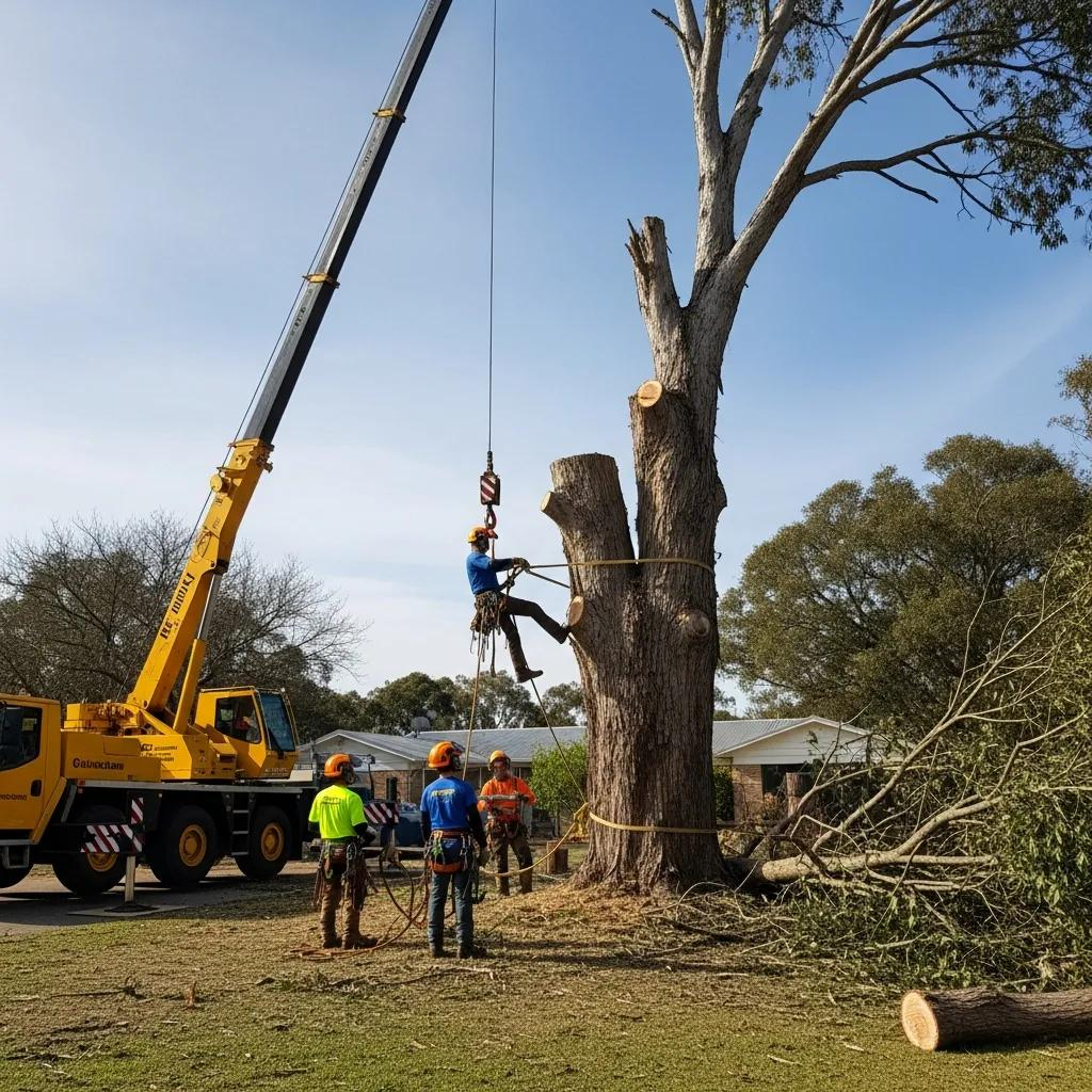 Arborists using a crane to safely remove a large tree in a residential area, with crew members on the ground observing and assisting.
