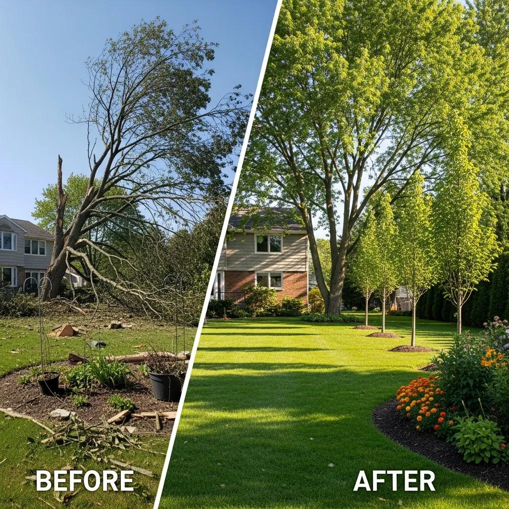 Before-and-after comparison of tree removal in Cary, NC, showcasing improved safety and landscape aesthetics with healthy trees and manicured lawn.
