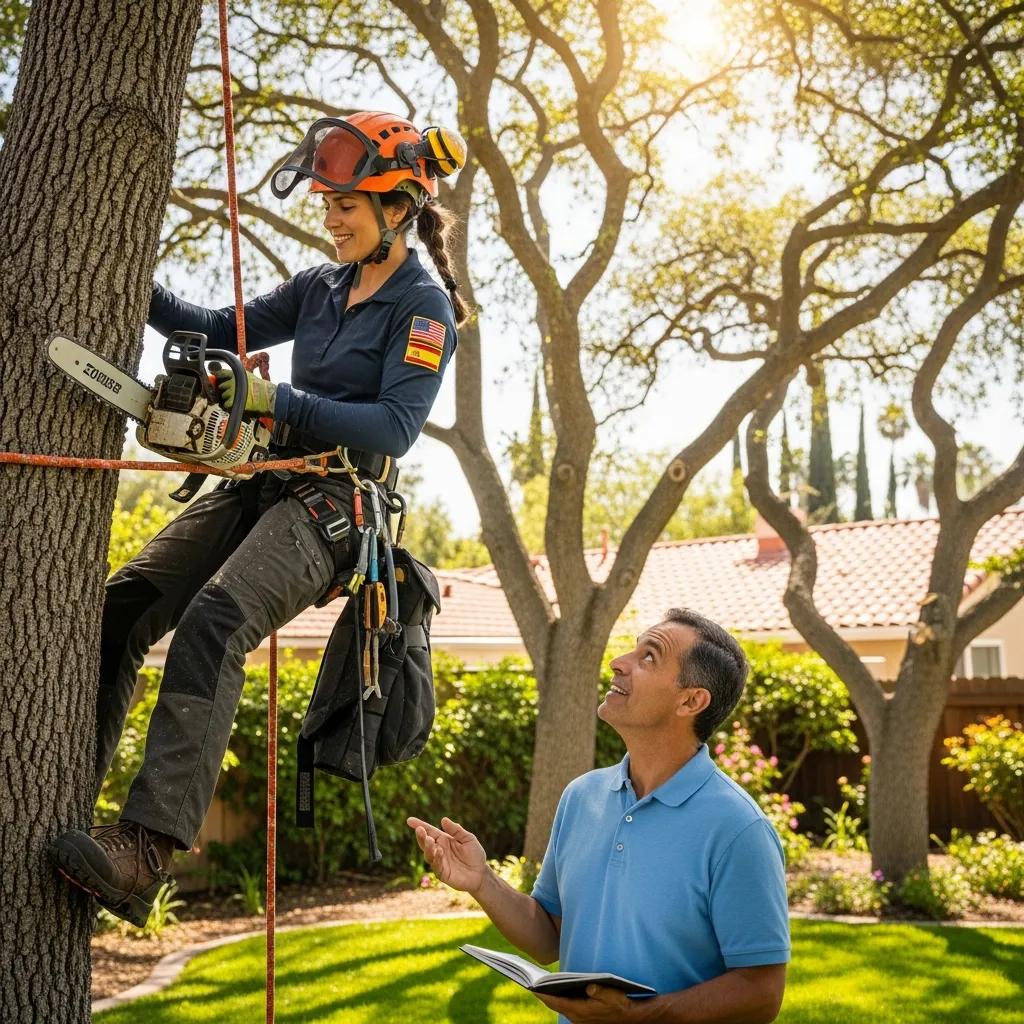 Arborista bilingüe en árbol utilizando motosierra, asistiendo a propietario hispanohablante con servicios de cuidado de árboles en un entorno residencial.