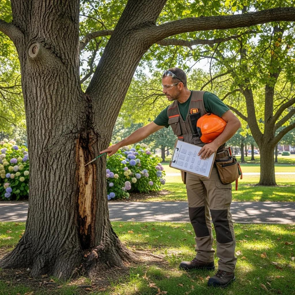 Certified arborist assessing a tree's health and safety in a residential landscape