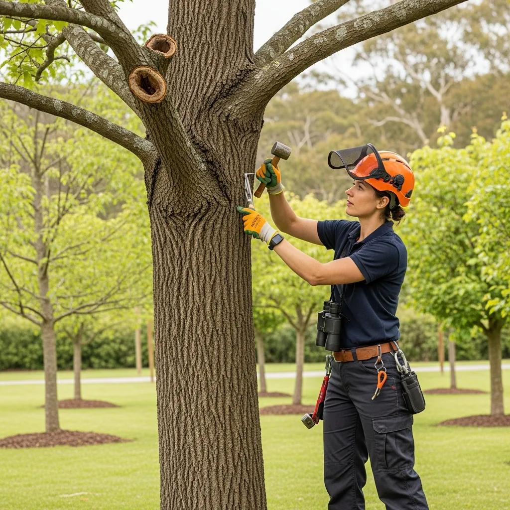 Certified arborist assessing tree health and conducting maintenance in a well-maintained garden.