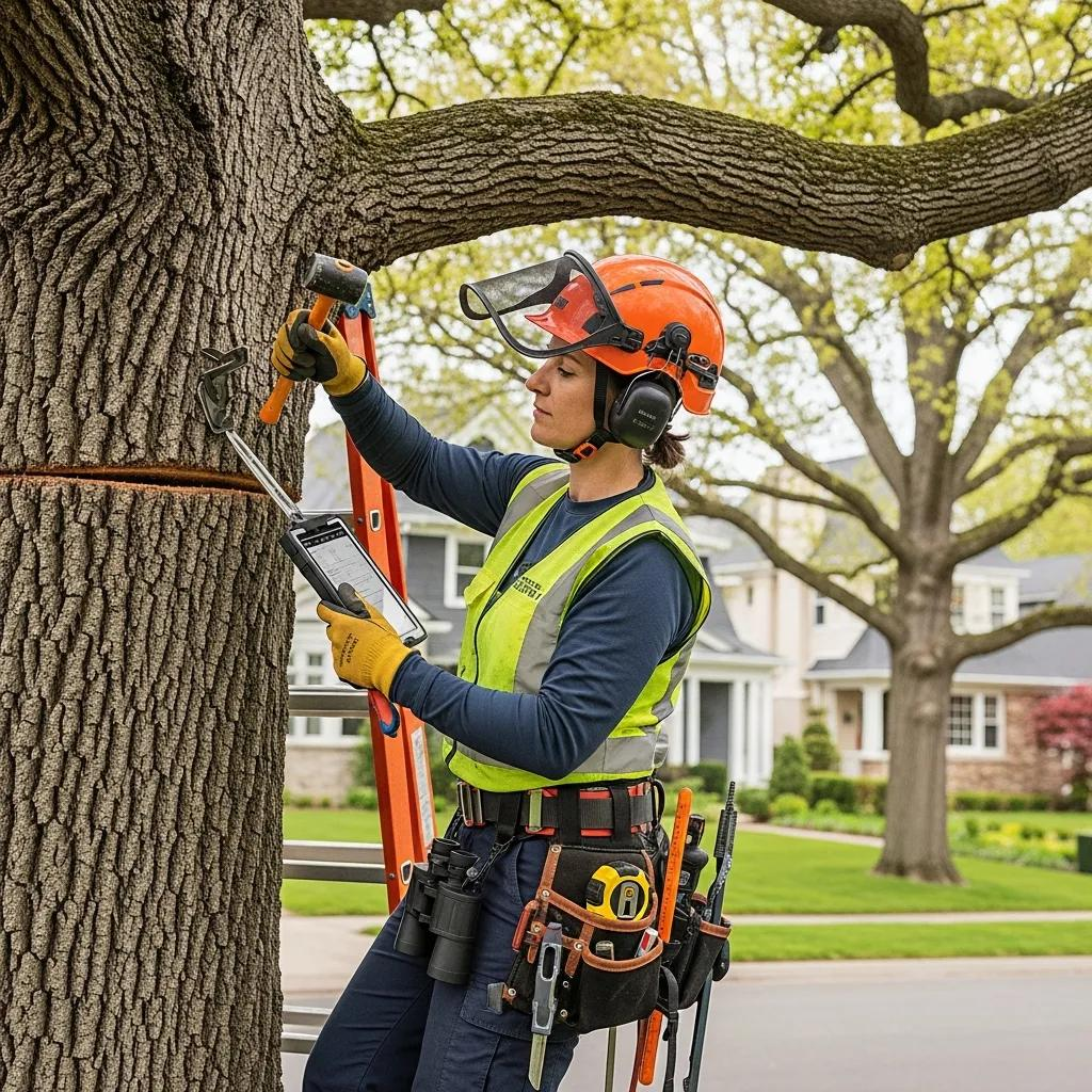 Certified arborist assessing tree safety in residential area, using tools for risk evaluation, surrounded by well-maintained landscape, emphasizing professional tree management and community safety.