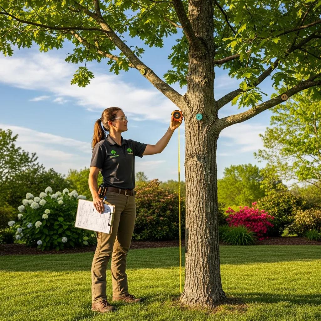 Certified arborist measuring a tree in a residential backyard, showcasing professional tree care and assessment for homeowners.
