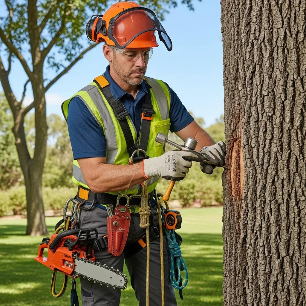 Certified arborist inspecting tree for structural defects, wearing safety gear, using tools to assess health, emphasizing professional tree care and risk reduction.