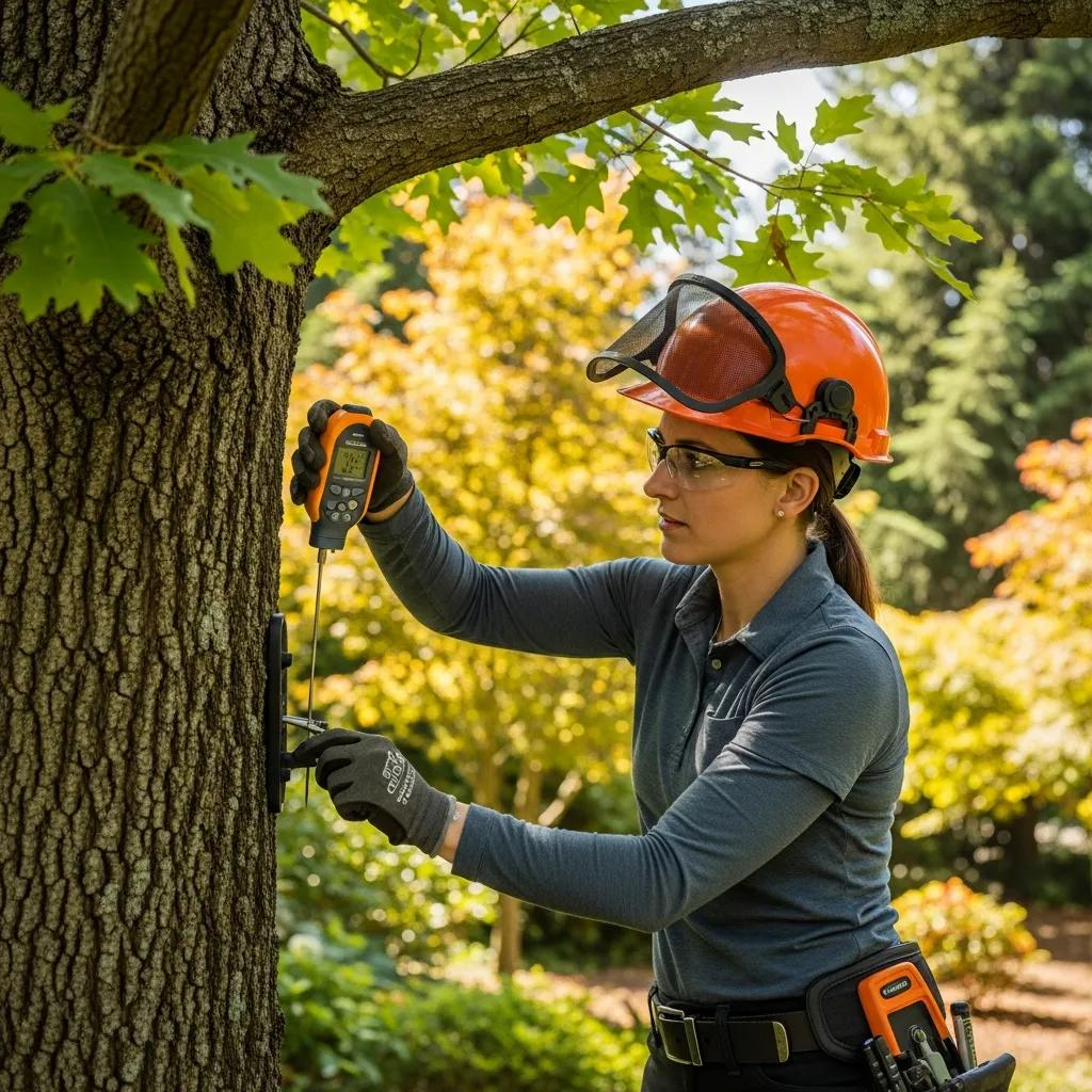 Certified arborist inspecting tree health with diagnostic tools in a lush landscape, emphasizing professional tree care and assessment services.