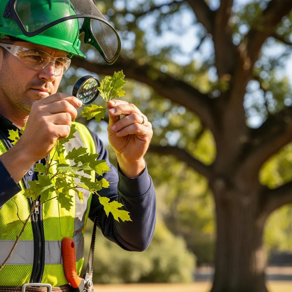 Arborista certificado inspeccionando la salud de las hojas de un &aacute;rbol con lupa, enfatizando la importancia de evaluaciones proactivas para la detecci&oacute;n temprana de problemas en Raleigh.