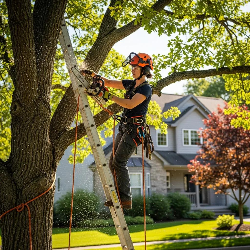 Certified arborist using a chainsaw on a ladder to prune a tree, emphasizing professional tree care services for rental property maintenance.