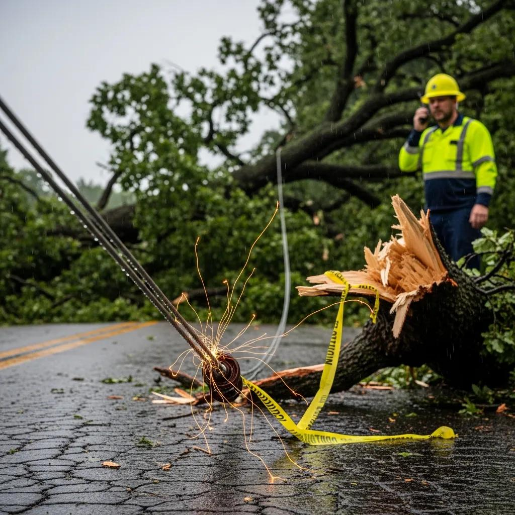 Downed power line sparking near a fallen tree, with caution tape and a utility worker on the phone in a rainy setting, emphasizing safety and emergency response.
