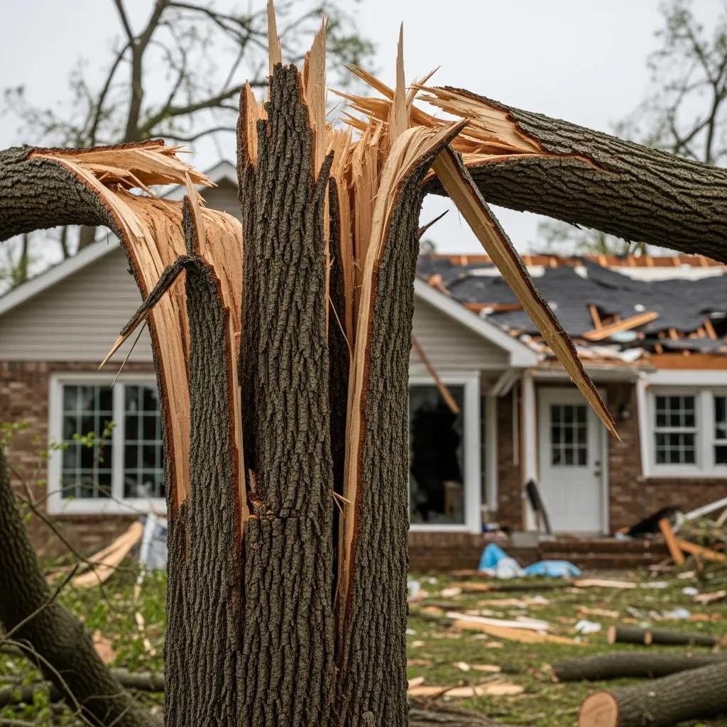 Close-up of a storm-damaged tree with a split trunk, highlighting risks to property safety and the need for emergency tree removal services.