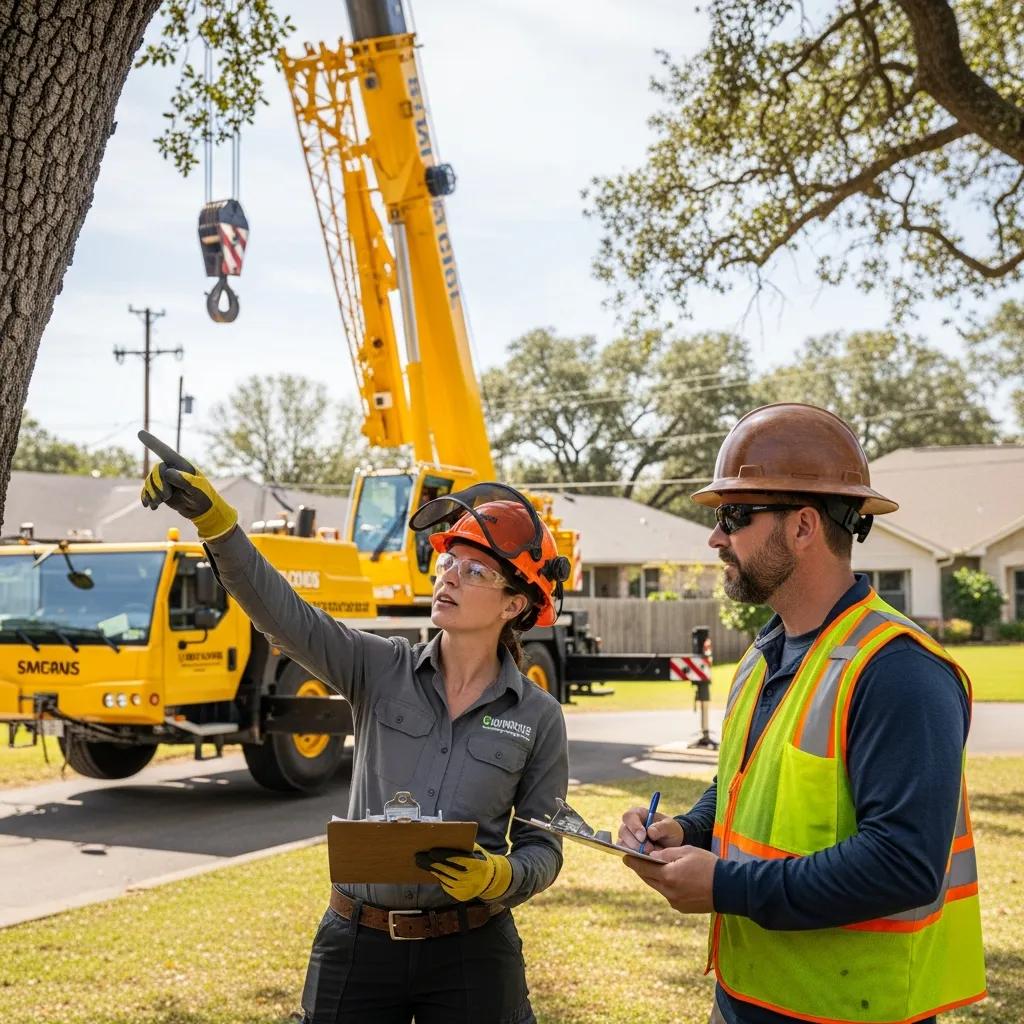 Arborist and crane operator coordinating a controlled lift during tree removal