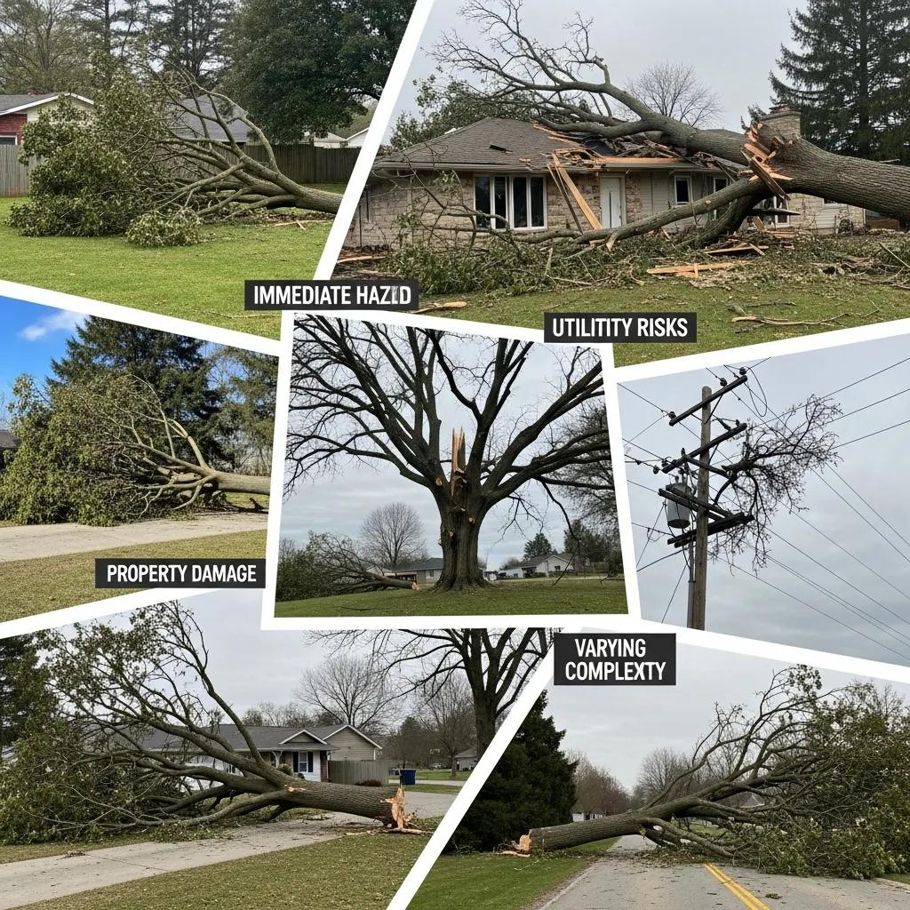 Collage of emergency tree removal scenarios showing immediate hazards, property damage, utility risks, and varying complexity after storm damage, illustrating factors influencing costs and insurance considerations.