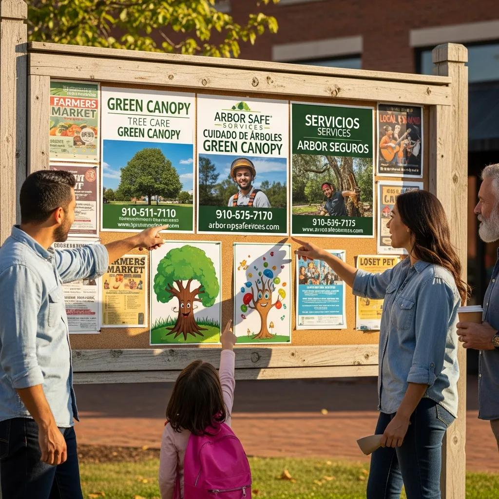 Tablero comunitario con anuncios bilingües de servicios de árboles, personas señalando carteles de arboristas y servicios en español, incluyendo información de contacto y gráficos amigables para niños.
