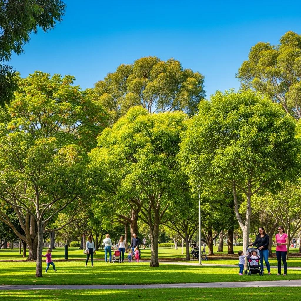 Community park with healthy trees, families enjoying outdoor space, emphasizing benefits of HOA tree care and maintenance.