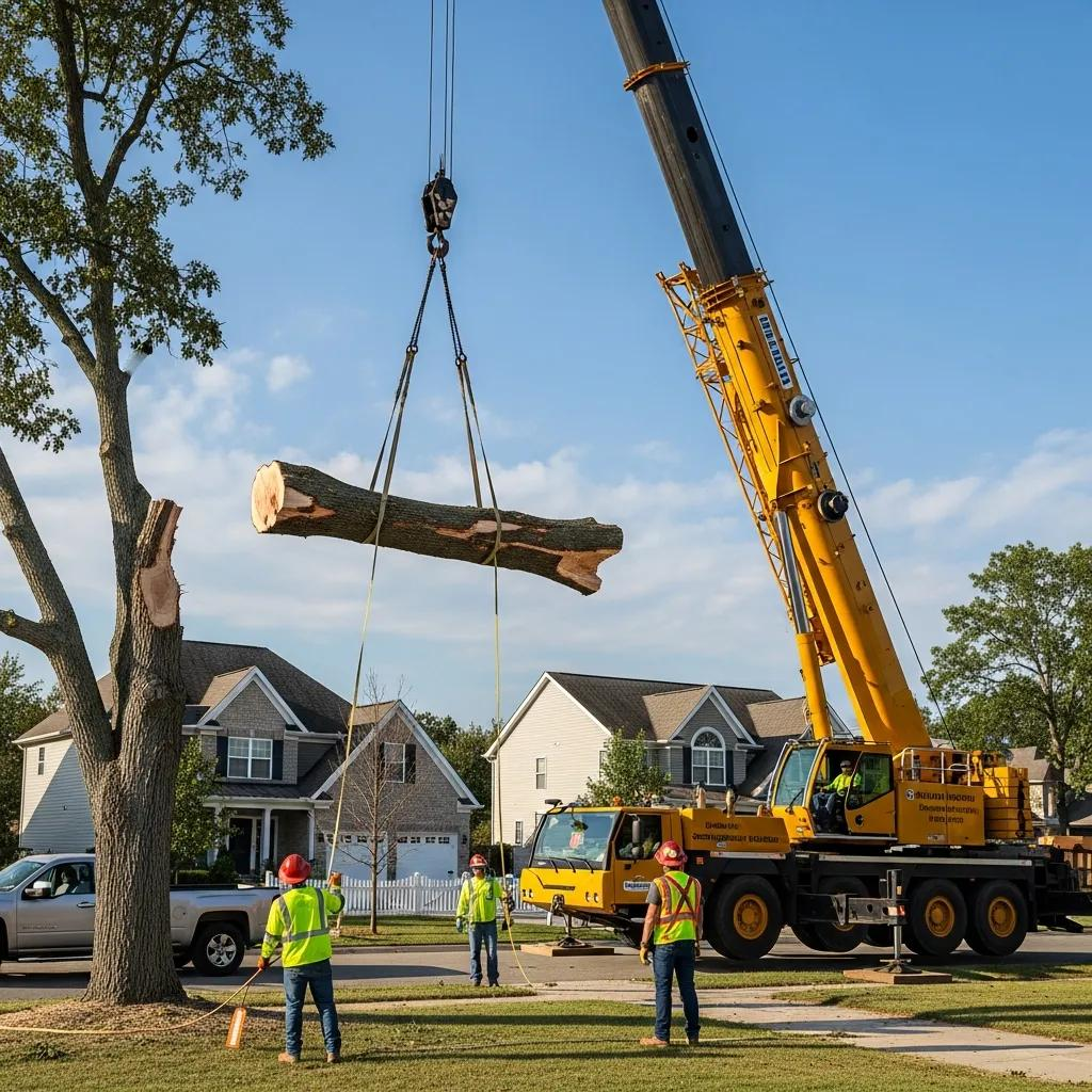 Crane-assisted tree removal in action, showcasing a mobile crane lifting a large tree section while workers in safety gear oversee the process in a residential area.