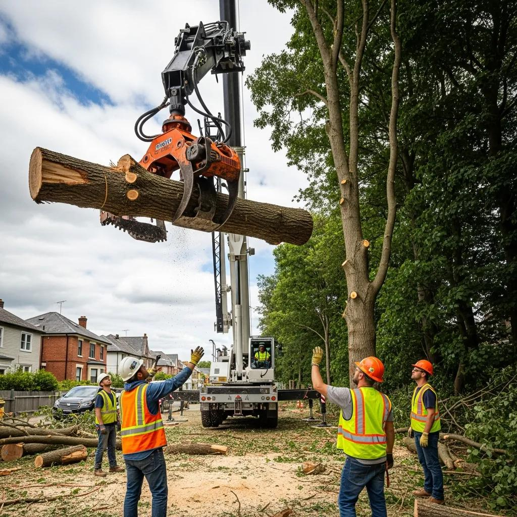 Cranes and grapple saw in action lifting a large tree section during controlled dismantling, with arborists coordinating safely on the ground in a residential area.