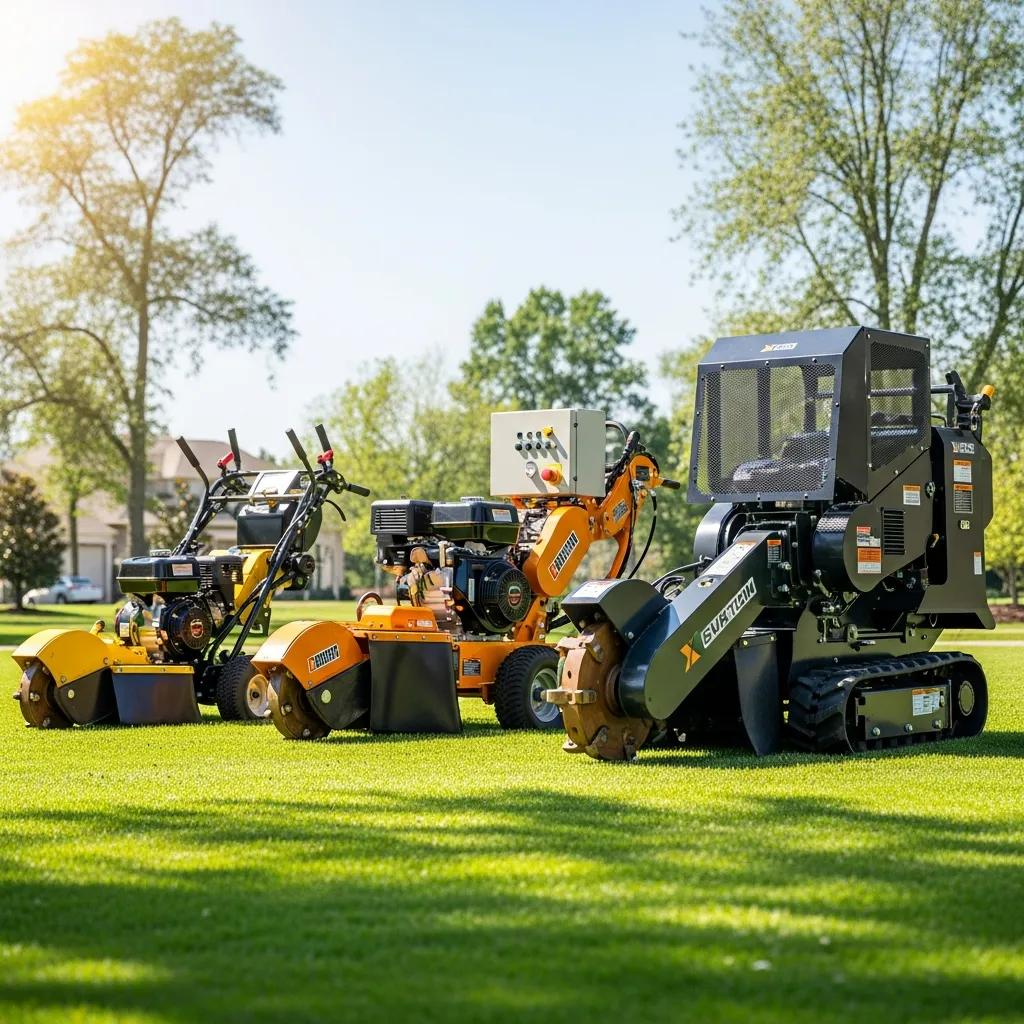 Different types of stump grinding equipment on a lawn, showcasing walk-behind, tow-behind, and commercial grinders, emphasizing size, functionality, and visible safety features for tree care services.