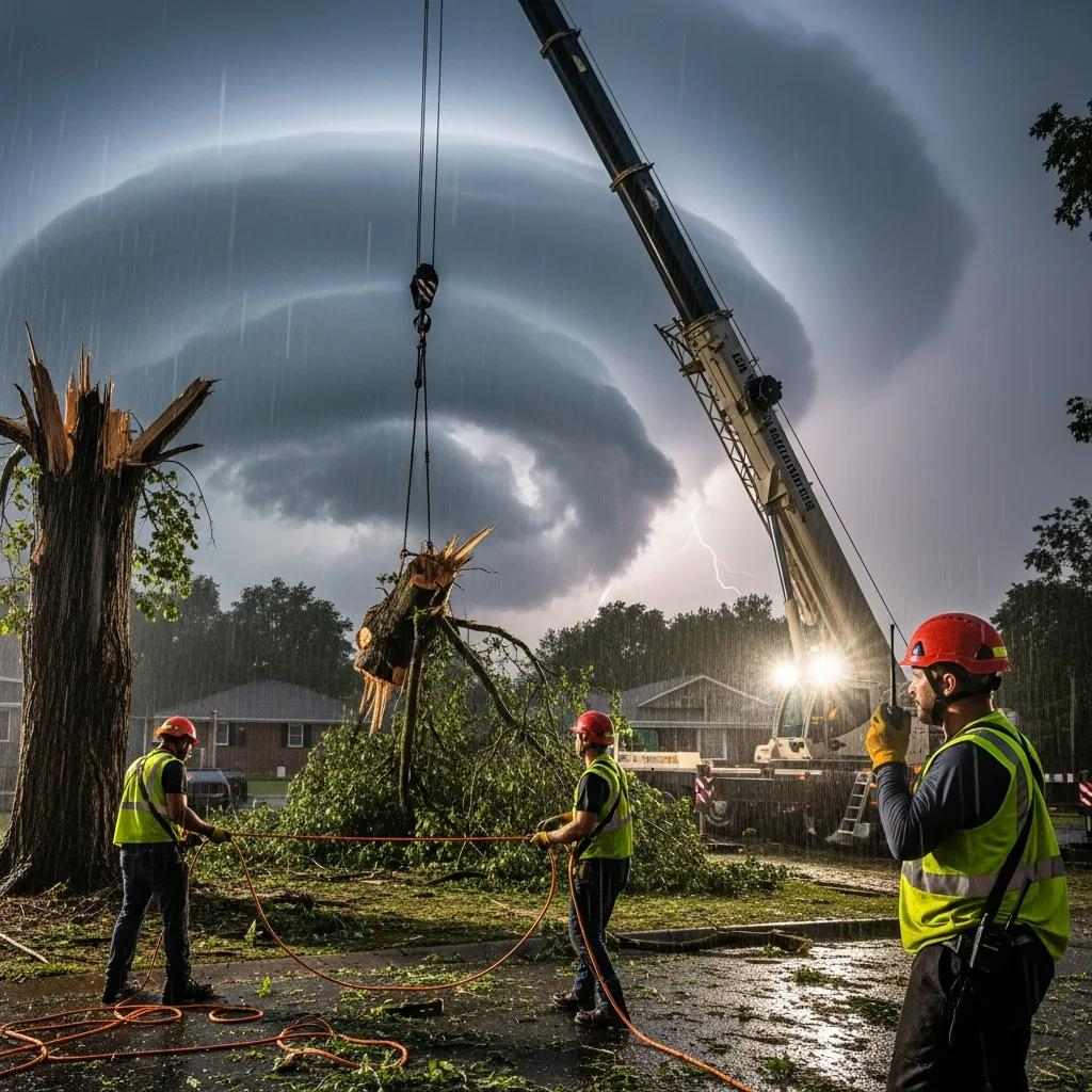 Emergency crane tree removal during storm cleanup, showing rapid, safe response