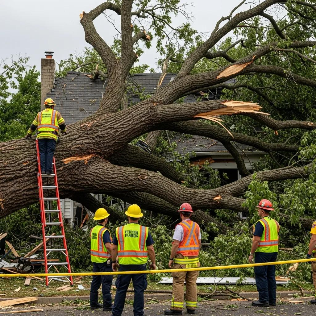 Emergency tree removal crew assessing storm damage to a house