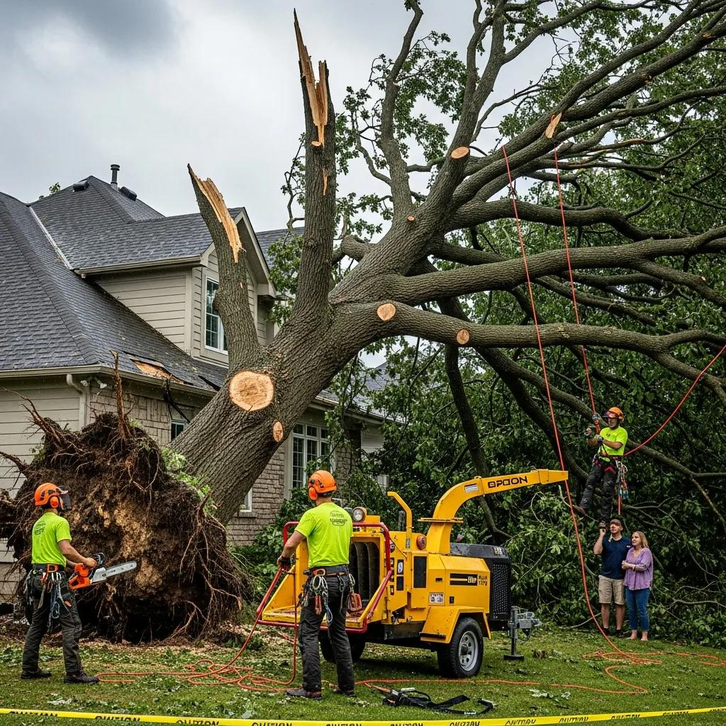 Emergency tree removal crew responding to a tree leaning dangerously close to a house