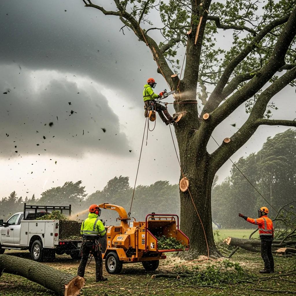 Emergency tree removal service in action during a storm, workers using chainsaws to cut down a large tree, debris flying, with a wood chipper and truck nearby.