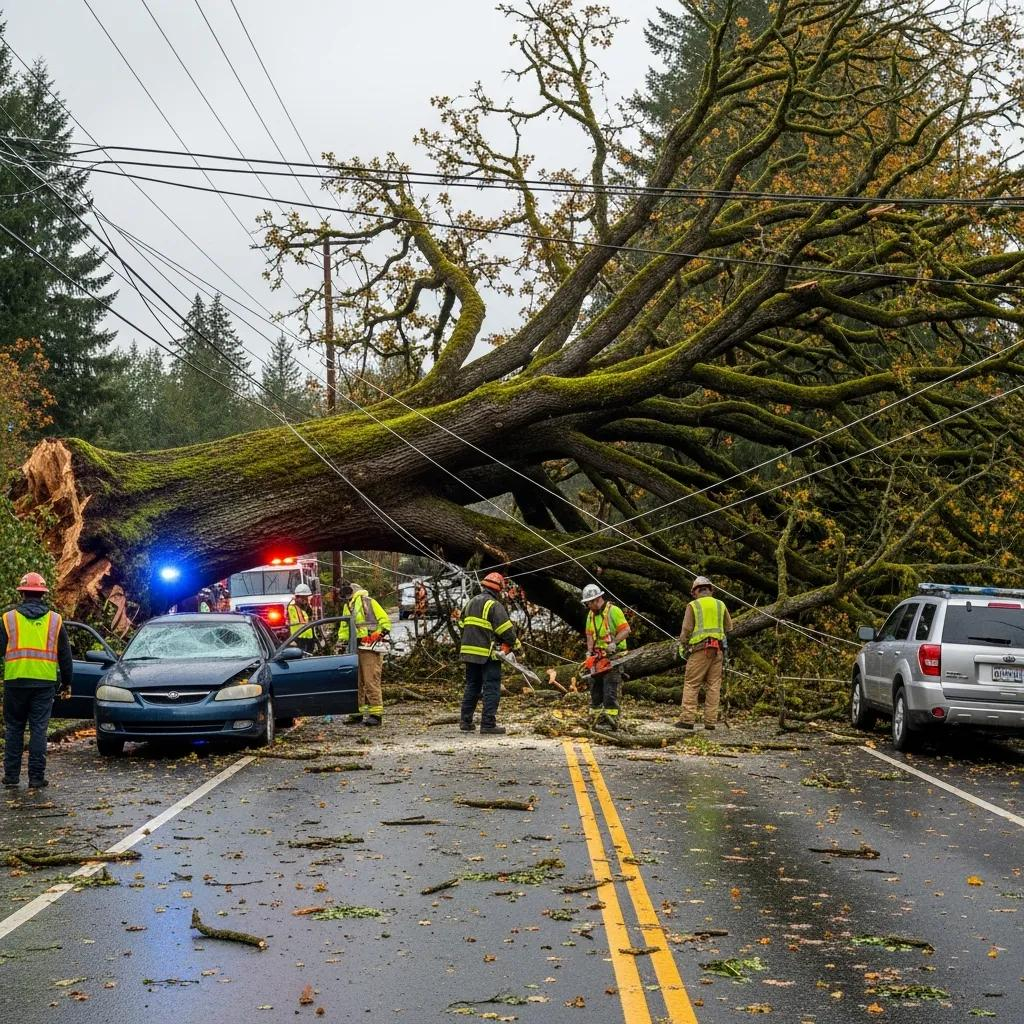 Fallen tree blocking road with emergency responders assessing the situation, damaged vehicle, and downed power lines.